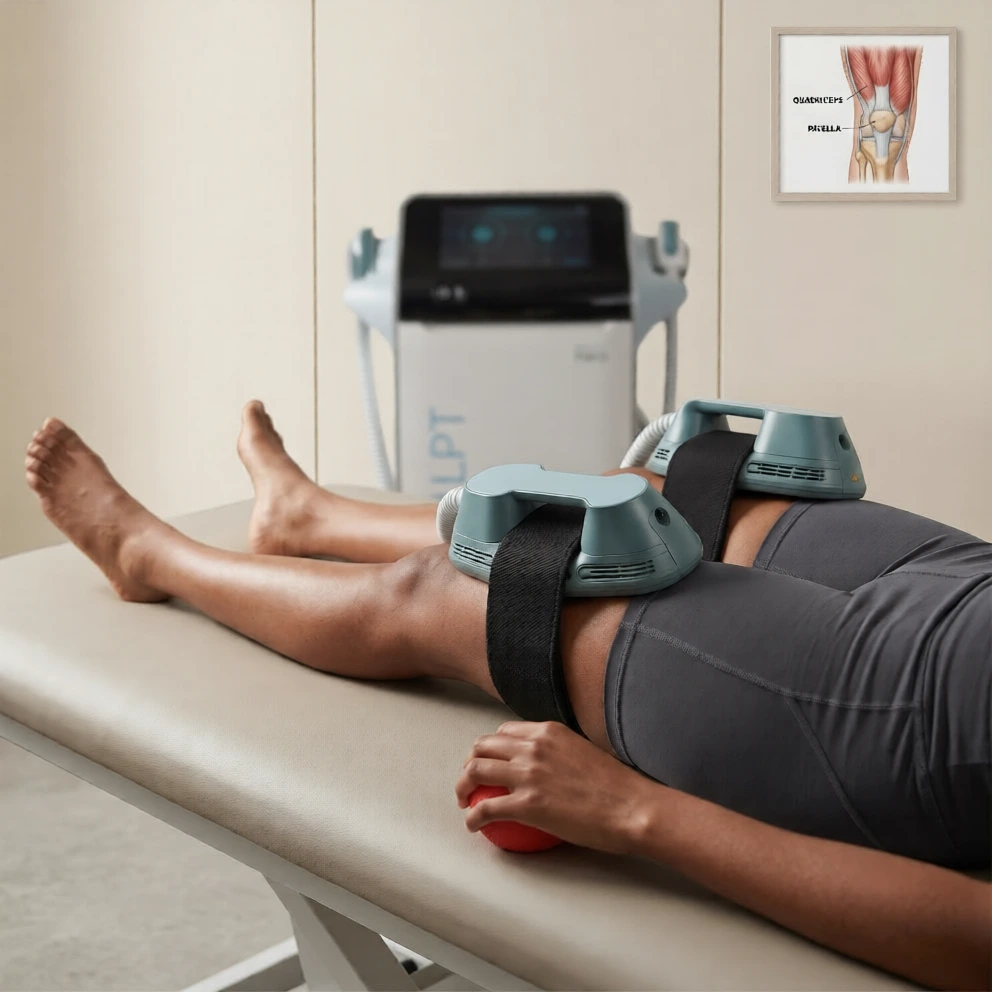 Deep supramaximal muscle contraction during an Emsculpt for pain session at Brockwell Healthcare