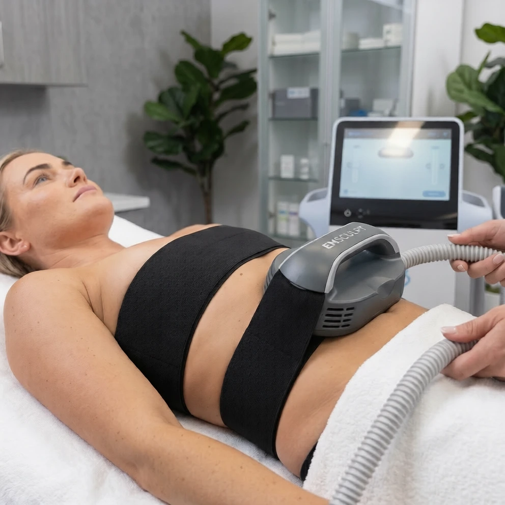 Emsculpt HIFEM applicator positioned for neuromuscular pain treatment at Brockwell Healthcare