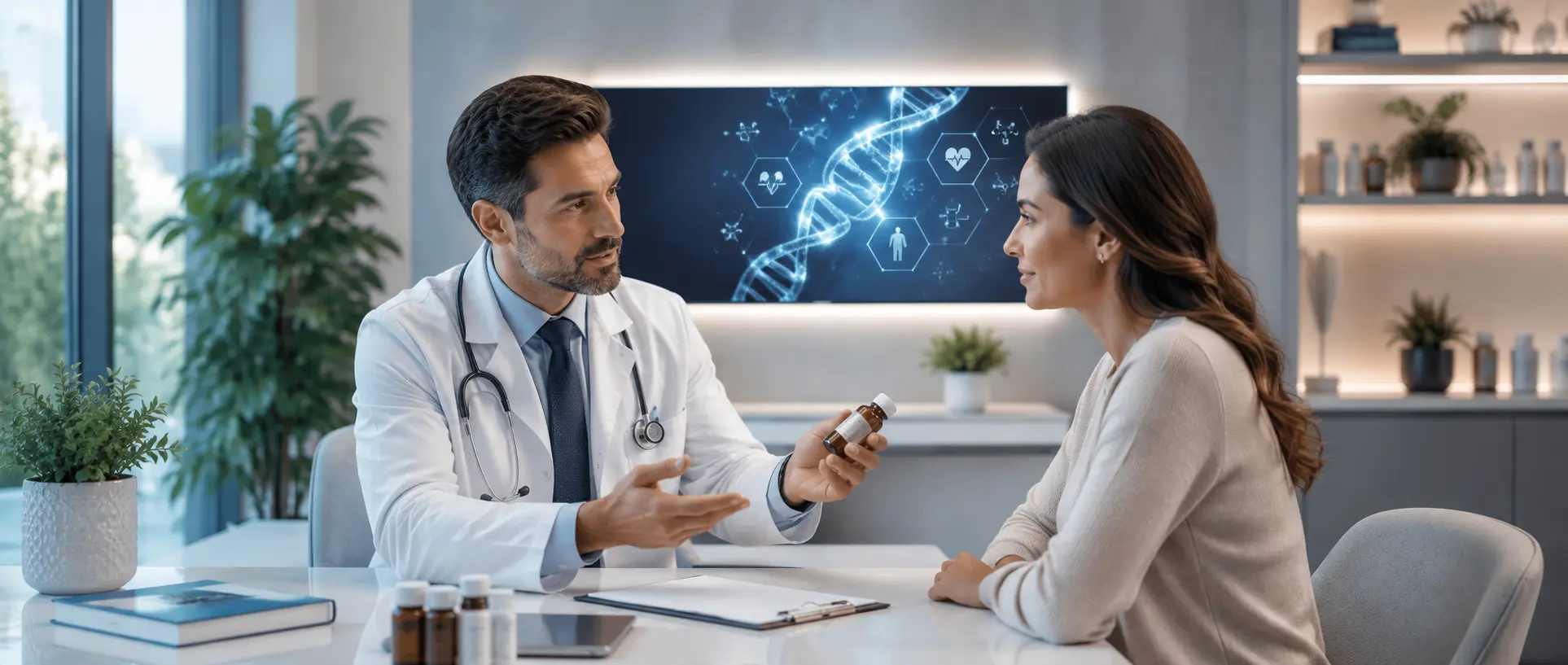 Doctor reviewing detailed biomarker and biological-age data as part of a longevity medicine plan at Brockwell Healthcare