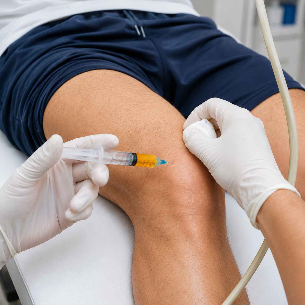 Doctor performing an ultrasound-guided regenerative orthopaedics injection at Brockwell Healthcare